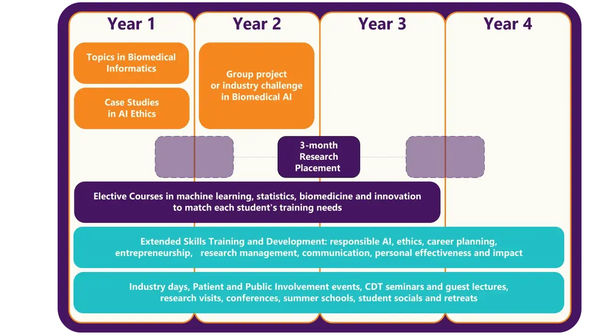 Diagram of a 4-year Biomedical AI training programme. Year 1 covers biomedical informatics and AI ethics; Year 2 includes a group project or industry challenge plus a 3-month research placement leading into Year 3; Year 4 focuses on research. Electives in machine learning, statistics, biomedicine, and innovation run throughout, alongside skills training in responsible AI, ethics, career planning, and communication, plus activities such as industry days, seminars, conferences, and public engagement events.