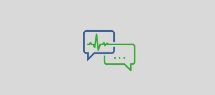 Simple graphic of two overlapping speech bubbles, one outlined in blue and the other in green, with a green pulse line running through them.