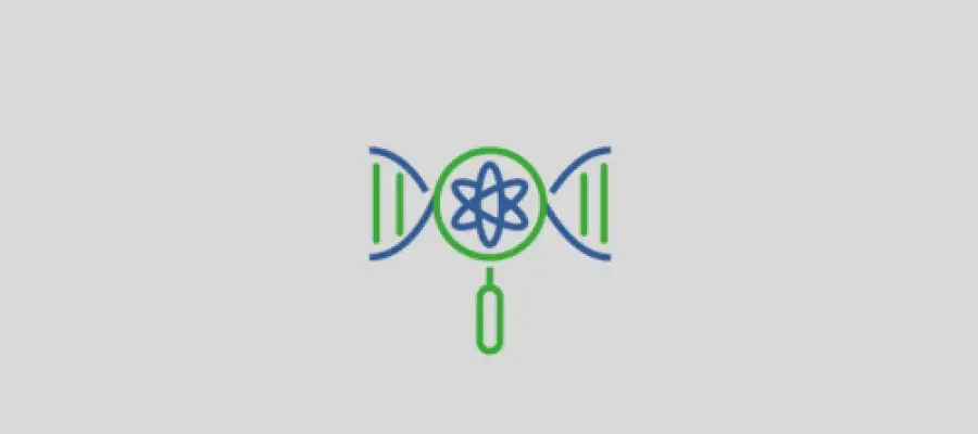 Icon showing a DNA strand with a magnifying glass in the center, containing an atomic symbol, representing genetic or scientific research.