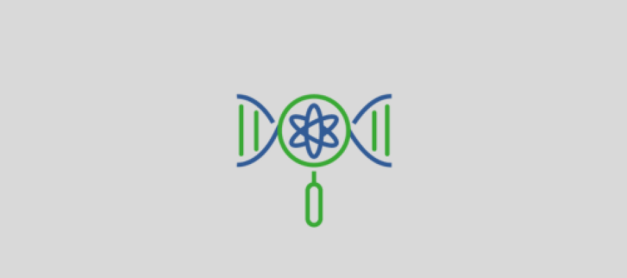 Icon showing a DNA strand with a magnifying glass in the center, containing an atomic symbol, representing genetic or scientific research.