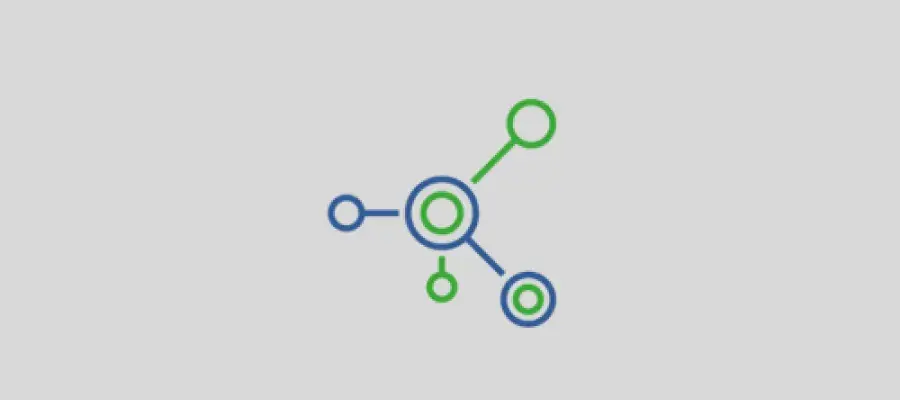 Icon of a molecular structure with connected circles in blue and green, representing science or networking.