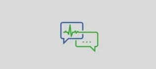 Simple graphic of two overlapping speech bubbles, one outlined in blue and the other in green, with a green pulse line running through them.