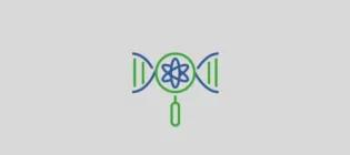 Icon showing a DNA strand with a magnifying glass in the center, containing an atomic symbol, representing genetic or scientific research.