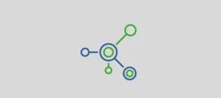 Icon of a molecular structure with connected circles in blue and green, representing science or networking.