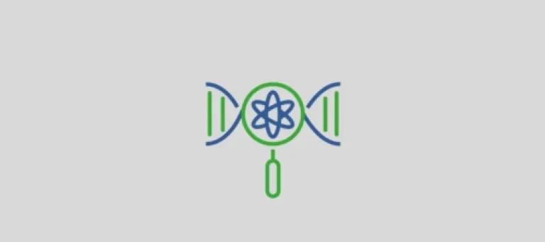 Icon showing a DNA strand with a magnifying glass in the center, containing an atomic symbol, representing genetic or scientific research.
