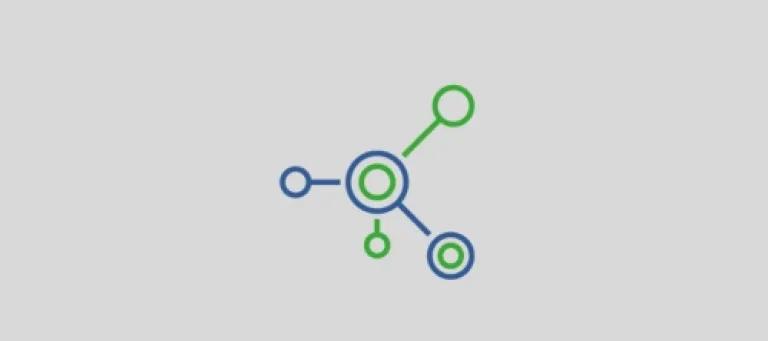 Icon of a molecular structure with connected circles in blue and green, representing science or networking.
