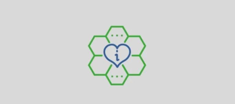 Icon of six green hexagons forming a honeycomb shape, with a blue heart containing an 'i' for information