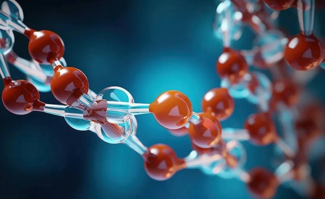 Close-up 3D illustration of a molecular structure with red and transparent spheres connected by rods, representing biomedical engineering.