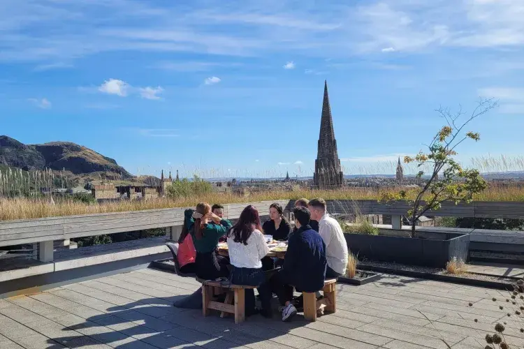 Students enjoying the view on the Informatics terrace