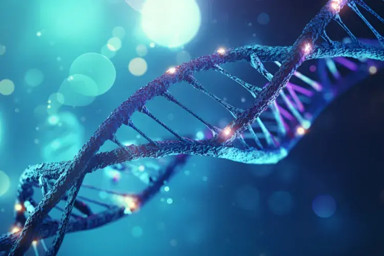 Close-up digital illustration of a glowing DNA double helix with light particles in the background, representing genetics and genomic medicine