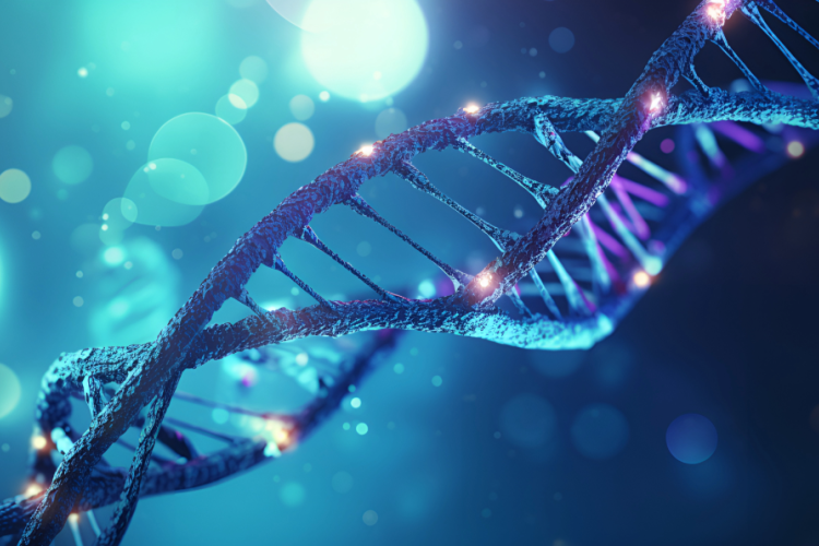 Close-up digital illustration of a glowing DNA double helix with light particles in the background, representing genetics and genomic medicine