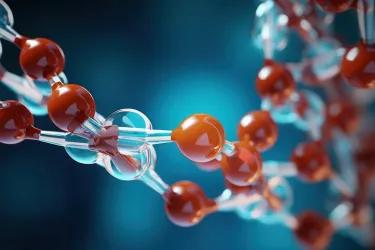 Close-up 3D illustration of a molecular structure with red and transparent spheres connected by rods, representing biomedical engineering.