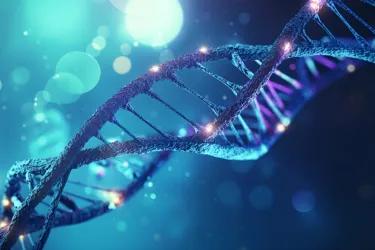 Close-up digital illustration of a glowing DNA double helix with light particles in the background, representing genetics and genomic medicine