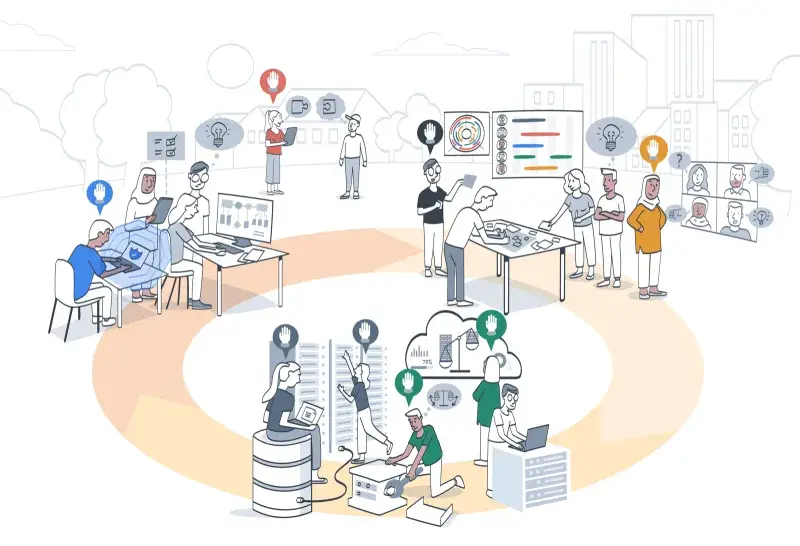 Illustration of multiple groups of people collaborating in an office-like environment, working with computers, charts, and diagrams, representing teamwork and project design