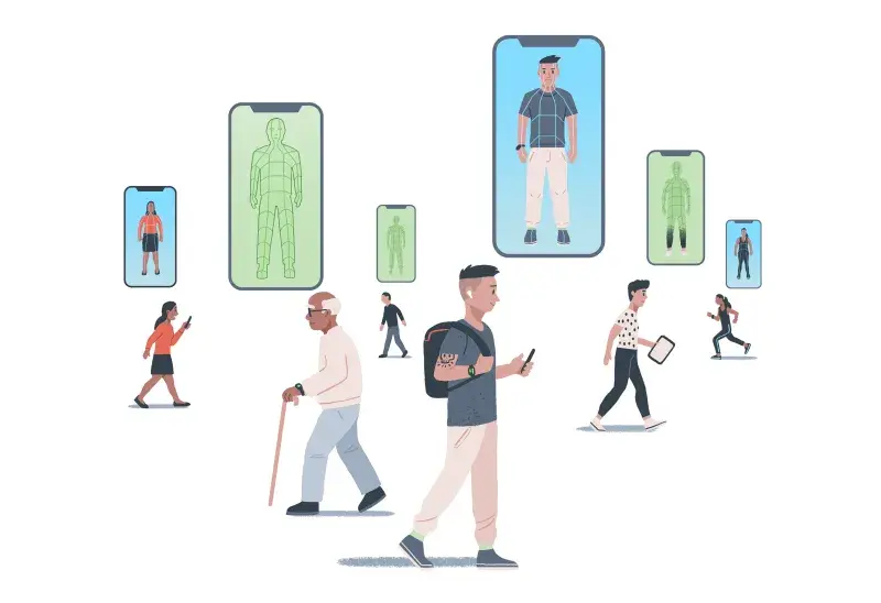 Illustration of diverse people walking, running, and using devices, with large smartphone screens above them displaying digital avatars or body scans.