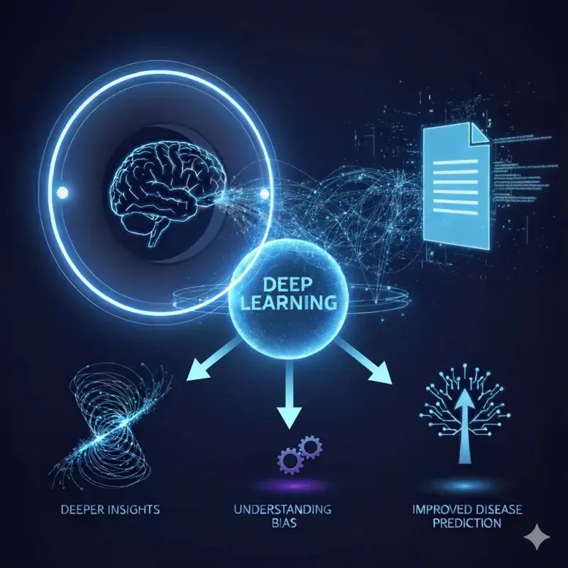 A futuristic infographic illustrating deep learning, with arrows pointing to benefits such as deeper insights, understanding bias, and improved disease prediction