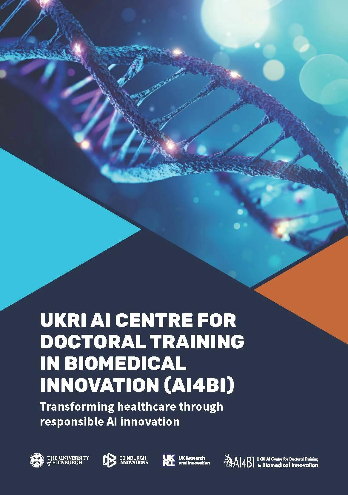 AI4BI flyer with the phrase "Transforming healthcare through responsible AI innovation", featuring logos of the University of Edinburgh, Edinburgh Innovations, UKRI, and AI4BI
