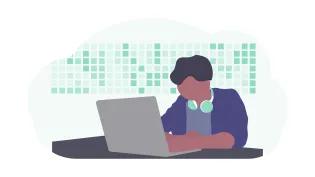 Illustration of a person working on a laptop with headphones around their neck
