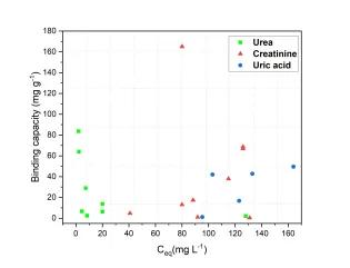 A scatter plot showing binding capacity (mg g⁻¹) on the vertical axis versus equilibrium concentration Cₑq (mg L⁻¹) on the horizontal axis.