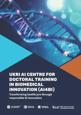 AI4BI flyer with the phrase "Transforming healthcare through responsible AI innovation", featuring logos of the University of Edinburgh, Edinburgh Innovations, UKRI, and AI4BI
