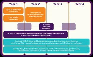Diagram of a 4-year Biomedical AI training programme. Year 1 covers biomedical informatics and AI ethics; Year 2 includes a group project or industry challenge plus a 3-month research placement leading into Year 3; Year 4 focuses on research. Electives in machine learning, statistics, biomedicine, and innovation run throughout, alongside skills training in responsible AI, ethics, career planning, and communication, plus activities such as industry days, seminars, conferences, and public engagement events.
