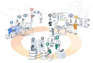 Illustration of multiple groups of people collaborating in an office-like environment, working with computers, charts, and diagrams, representing teamwork and project design.