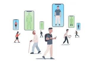 Illustration of diverse people walking, running, and using devices, with large smartphone screens above them displaying digital avatars or body scans.