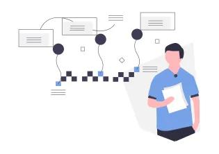 Graphic illustration of a person holding documents, standing next to abstract flowcharts